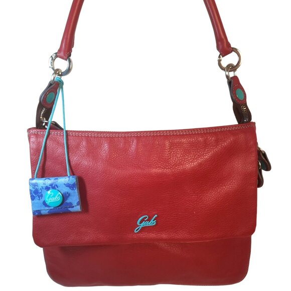GABS Italian Red Leather Expandable Flat Shoulder Bag Turquoise Buttons - Picture 2 of 14